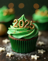 Wall Mural - christmas cupcake with green frosting and 2025 numbers