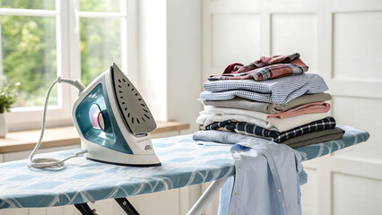 Happy asian young woman holding electric steam, hot iron press pile stripe shirt clothes on ironing board, housework after hygiene laundry at home. Housekeeping lifestyle, household of chores concept.