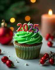 Wall Mural - christmas cupcake with green frosting and 2025 numbers