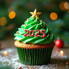 Wall Mural - christmas cupcake with green frosting and 2025 numbers