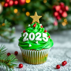 Wall Mural - christmas cupcake with green frosting and 2025 numbers