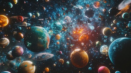 Wall Mural - cosmic collision: a breathtaking panorama of vibrant planets colliding in a chaotic yet beautiful co