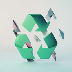 Poster - Stylized green recycling symbol with dynamic geometric shapes, symbolizing eco-friendliness and sustainability.
