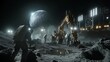 © medienvirus - Lunar Construction Site: Astronauts and heavy machinery work under a large moon in a futuristic lunar base.