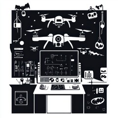 Poster - A modern drone control room with sleek design featuring drones, screens, and drone-themed decorations.