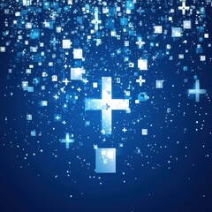 Poster - Abstract blue digital background with bright particles and shimmering plus signs creating a festive atmosphere.