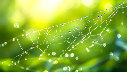 A close-up photograph of a delicate spider web glistening with dewdrops. Each drop refracts the light, creating a mesmerizing display of colors and textures