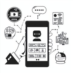 Aufkleber - A hand holds a smartphone showcasing modern technology and communication with a robot avatar.