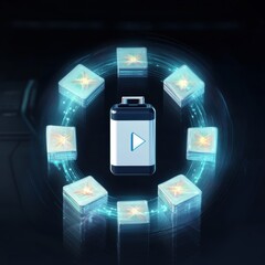 Poster - Futuristic battery surrounded by glowing energy cubes in a technological setting.