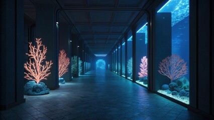 Aufkleber - Glowing coral sculptures illuminate a darkened corridor with large windows showcasing an underwater scene, creating a captivating and surreal atmosphere