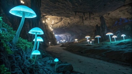 Aufkleber - Bioluminescent mushrooms emit an ethereal glow, illuminating a path through a darkened cave, creating a magical and otherworldly atmosphere