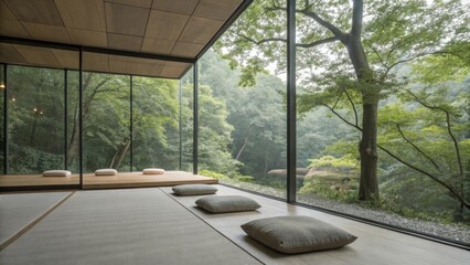 Poster - Modern meditation room with large windows offering a calming view of a tranquil green forest, promoting peace and mindfulness in a minimalist setting