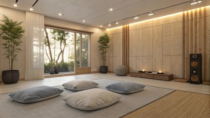 Poster - Modern meditation room featuring floor cushions, lush plants, and a tranquil view of a serene garden, fostering a peaceful and relaxing atmosphere for mindfulness and wellness