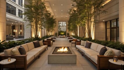 Poster - Comfortable sofas and armchairs invitingly surround a fire pit in a modern outdoor space, enhanced by lush greenery and ambient lighting for relaxation and socializing