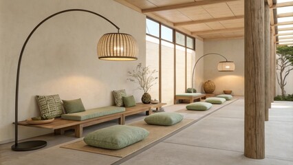 Aufkleber - Soft green cushions and floor mats creating a serene atmosphere in a minimalist retreat, illuminated by stylish arching lamps with woven shades for relaxation and contemplation