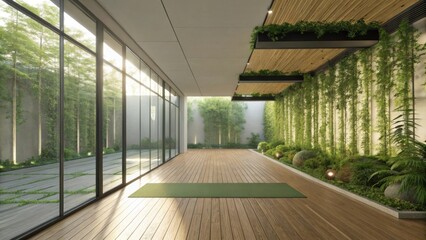 Leinwandbilder - Sunlight streaming into a modern, eco friendly wellness center with bamboo flooring, a green yoga mat, and a lush green wall creates a tranquil atmosphere for relaxation and exercise