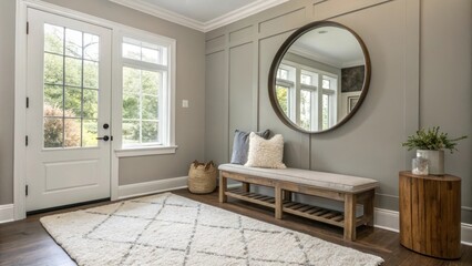 Aufkleber - Modern hallway with a wooden bench, round mirror, and white door creates a welcoming and stylish entryway with natural light enhancing the space