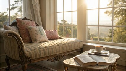 Aufkleber - Warm sunlight streaming through a large window illuminates a cozy reading nook featuring a comfortable chaise lounge, patterned pillows, an open book, and a cup of coffee