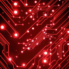 Poster - A close-up of a complex circuit board featuring vivid red lines and glowing nodes, symbolizing advanced technology.