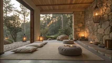Poster - Soft light illuminates a peaceful meditation space with floor cushions, lanterns, and a view of a serene forest, creating a perfect atmosphere for relaxation and mindfulness