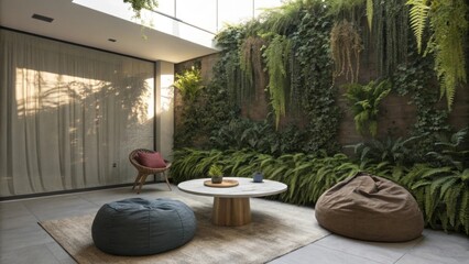 Poster - Sunlight illuminates a modern patio featuring a lush vertical garden, comfortable beanbag chairs, a stylish round coffee table, and a wicker chair, creating a tranquil and inviting space