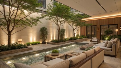 Poster - Comfortable sofas arranged around a peaceful pond create a luxurious and inviting atmosphere in a modern courtyard, fostering a sense of tranquility and relaxation