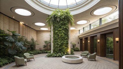 Aufkleber - Luxurious indoor atrium with lush green plants, comfortable seating, and a circular skylight providing natural light, creating a serene and inviting atmosphere