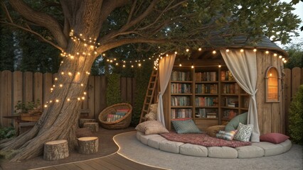 Aufkleber - Cozy reading nook nestled under a large tree, featuring circular seating, soft cushions, blankets, and a bookshelf, all illuminated by warm string lights for a magical atmosphere