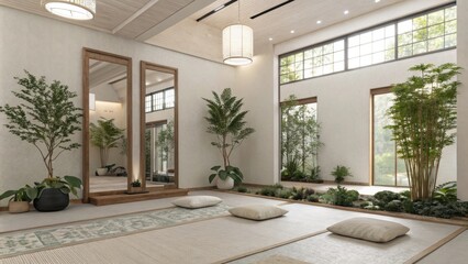 Poster - Soft sunlight streams into a calming meditation room, illuminating the tatami mats, cushions, and lush greenery, fostering a peaceful environment for mindfulness and relaxation