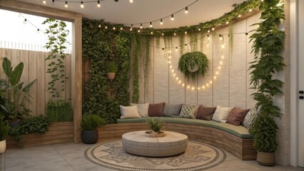Aufkleber - Lush greenery surrounds a circular wooden bench adorned with comfortable cushions, illuminated by warm string lights, creating a tranquil and inviting outdoor space