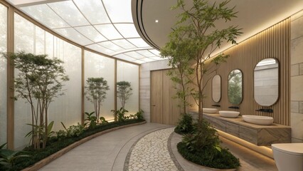 Aufkleber - Restroom featuring a curved glass wall enclosing a small garden, creating a tranquil and nature integrated space, enhancing the overall aesthetic with natural light and greenery