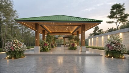 Aufkleber - Modern pavilion illuminated at dusk. Showcasing a blend of wood and metal architecture. Complemented by elegant landscaping. Flower arrangements. And a paved pathway leading to a serene outdoor space