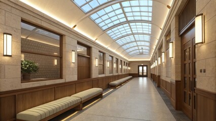 Poster - Empty waiting area featuring benches, illuminated by natural light streaming through an arched glass ceiling, creating a serene and peaceful atmosphere perfect for relaxation