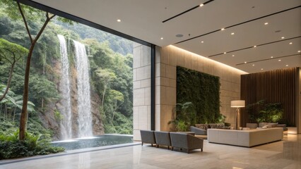 Poster - Luxurious hotel lobby featuring comfortable seating, a living wall, and a stunning view of a natural waterfall through a large window, creating a tranquil and inviting atmosphere