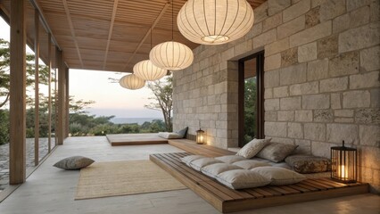 Aufkleber - Wooden patio with cushions and lanterns overlooking a beautiful seascape under a wooden roof with hanging lamps, creating a relaxing and peaceful atmosphere