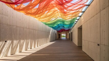 Poster - Sunlight illuminates a modern corridor with smooth textured walls and a wooden floor, featuring a vibrant canopy of colorful fabric hanging overhead, creating a dynamic and artistic atmosphere