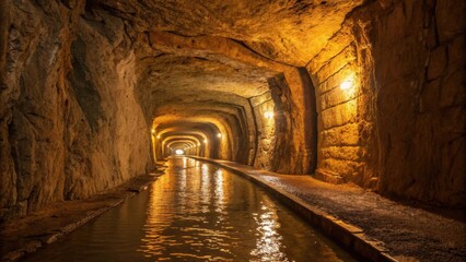 Poster - Warm light illuminates a subterranean waterway flowing through a man made tunnel, reflecting off the water's surface and highlighting the rough hewn walls of the passage