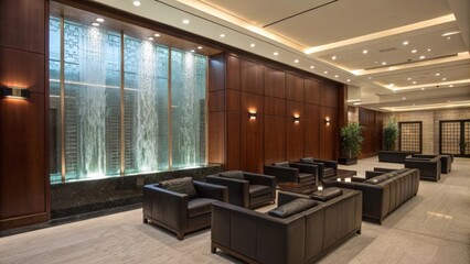 Poster - Luxurious lounge area featuring a calming water wall, sleek black leather furniture, wood paneling, and recessed lighting, creating a sophisticated and tranquil atmosphere