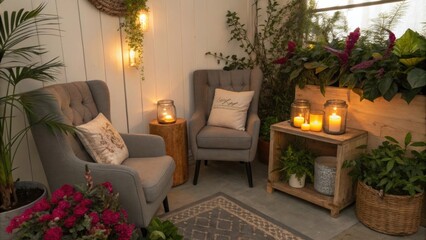 Poster - Two comfortable armchairs sit amidst a tranquil indoor garden, illuminated by the warm glow of burning candles, creating a peaceful and inviting atmosphere for relaxation