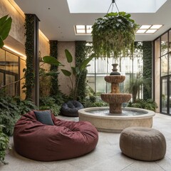 Aufkleber - Serene indoor oasis offers tranquility with comfortable beanbag chairs, a central stone fountain, and abundant greenery creating a peaceful atmosphere