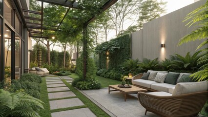 Aufkleber - Luxurious open air garden lounge offering serene escape with comfortable seating, lush greenery, and a paved pathway leading to a modern house, blending nature and contemporary design