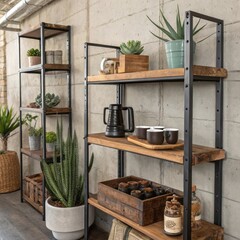 Poster - Modern industrial style shelves made of reclaimed wood and metal are holding various items including a black coffee pot, mugs, succulents, and decorative items in a modern urban interior