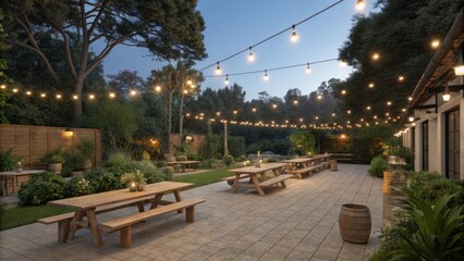 Poster - Wooden picnic tables are arranged on a paved patio with string lights overhead, plants and trees surrounding the area, creating a cozy and inviting atmosphere at dusk