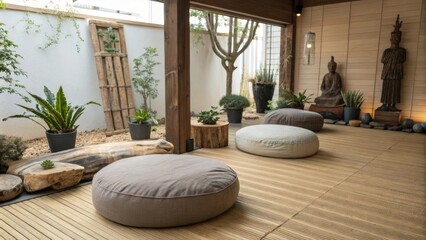 Aufkleber - Large comfortable cushions are arranged on a wooden floor in a serene meditation space, adorned with statues and lush greenery, creating a peaceful atmosphere for contemplation and relaxation