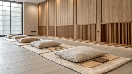 Aufkleber - Soft beige mats and cushions are arranged on a light wooden floor, creating a serene atmosphere for meditation or stretching exercises in a modern room with minimalist japanese inspired design