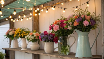 Poster - Vibrant bouquets of assorted flowers arranged in various vases and pitchers, sit on a rustic wooden shelf illuminated by warm string lights, creating a charming floral display