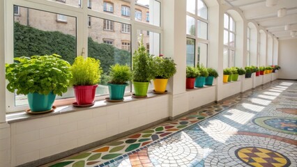 Poster - Colorful potted herbs arranged on a windowsill in a modern building create a vibrant and refreshing indoor garden, enhancing the space with natural beauty and freshness