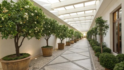 Poster - Potted citrus trees lining a walkway beneath a pergola create a serene, inviting atmosphere, blending nature and architecture in a beautifully designed outdoor space