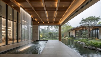 Poster - Elegant water feature flows from the ceiling into a pond in a modern luxury home, surrounded by lush greenery and wooden beams, creating a tranquil and relaxing atmosphere
