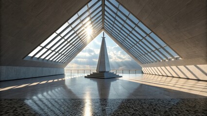 Aufkleber - Sun rays illuminating a modern monument within a contemporary building feature large windows and a polished floor, creating a stunning ambiance during a breathtaking sunset